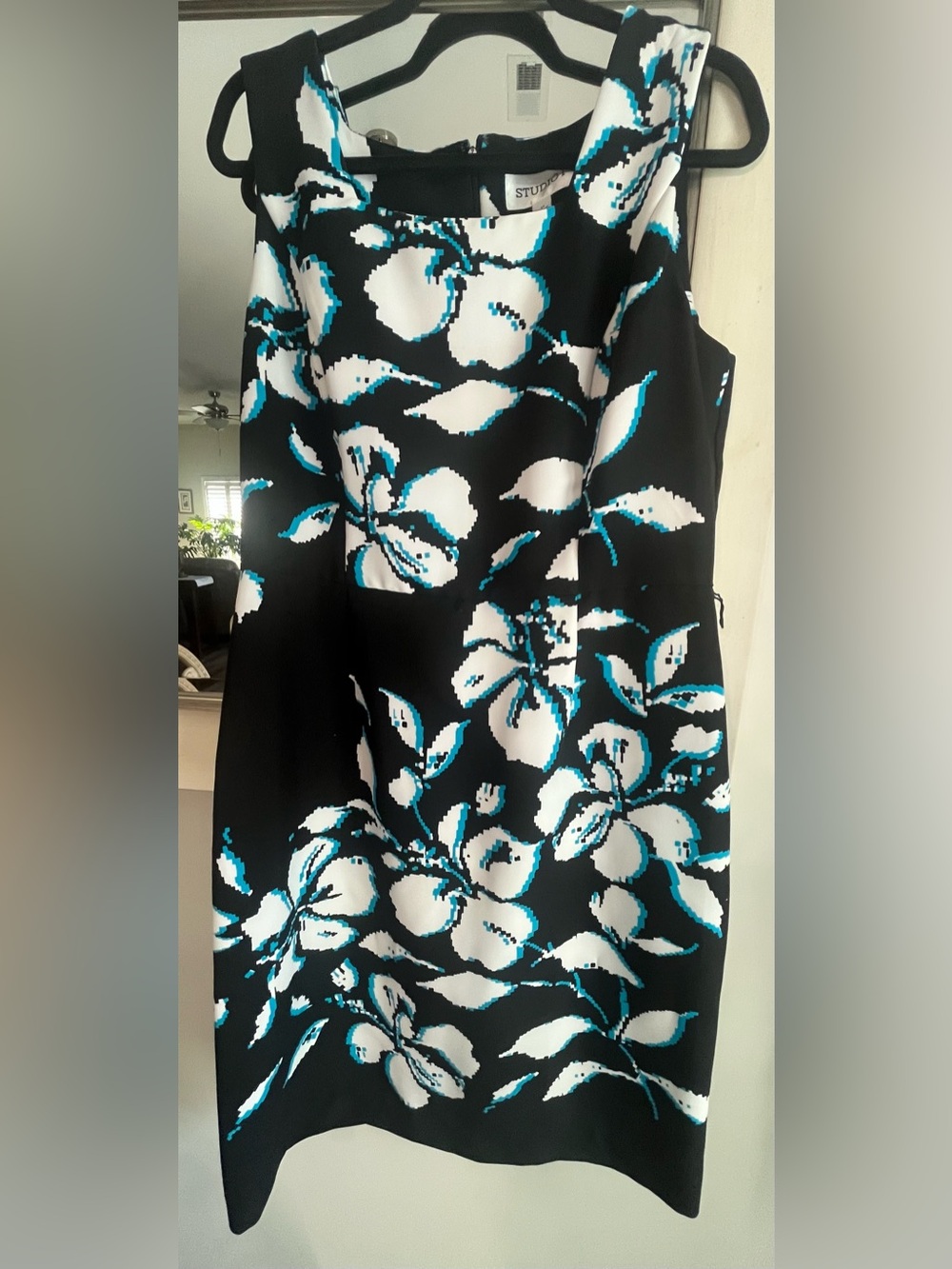 Studio I Pixelated Floral Square Neck Dress Black Aqua Blue White Size 14